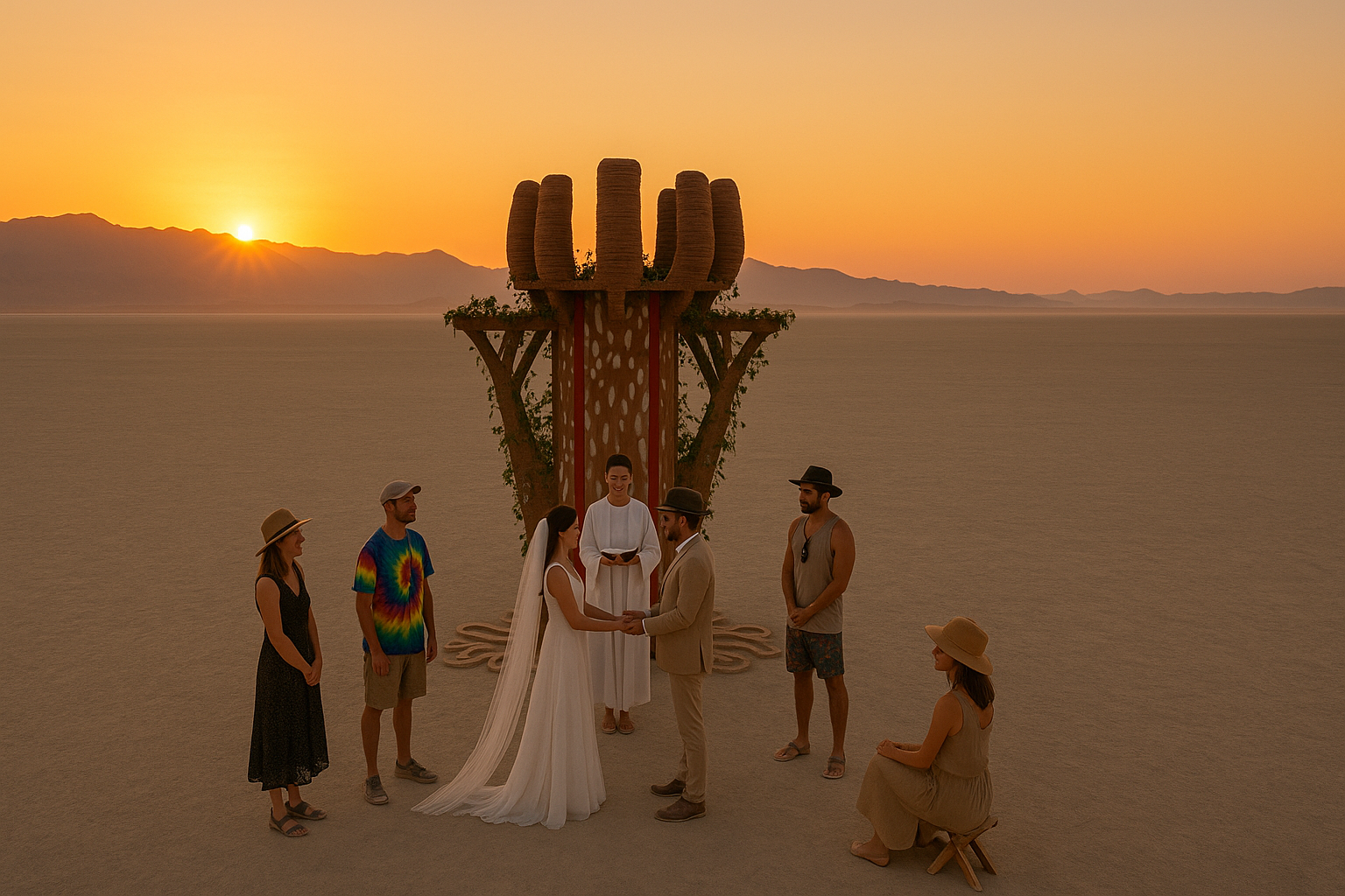 Wedding ceremony at Lover's Tree during sunset at Burning Man